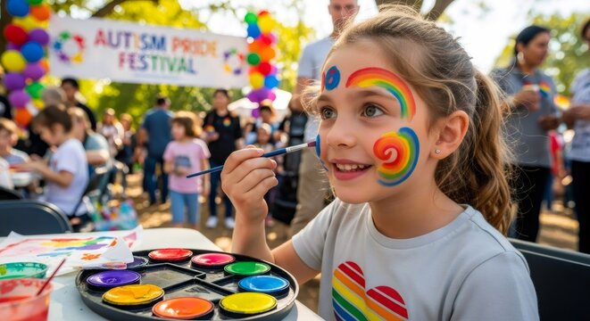 Smiling caucasian girl face painting with rainbow colors at an Autism Pride Festival event. Happy child celebrating neurodiversity and inclusion outdoors.