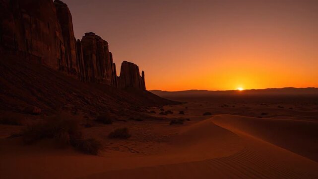 A scenic desert landscape under a warm sunset, with towering rock formations and sand dunes
