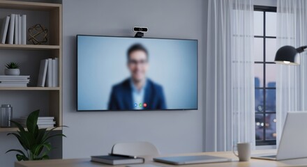A modern office workspace with a large flat-screen TV mounted on the wall, displaying a video call with a blurred image of a person in a suit. 