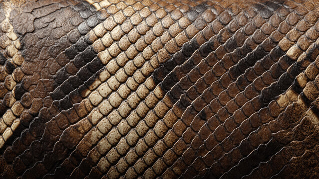 This image captures a close-up of natural snake skin, showcasing its intricate scales with earthy brown, beige, and dark striped patterns.