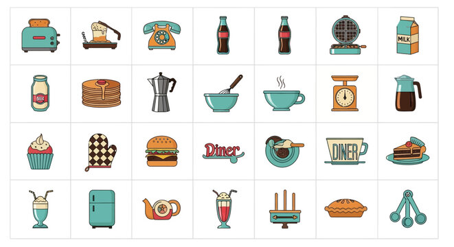 Collection of retro diner icons showcasing classic breakfast items and vintage kitchen appliances