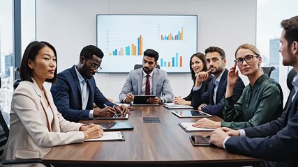 Diverse professional business team collaborating in a modern corporate boardroom meeting discussing market strategy and financial growth with charts on a large  - Powered by Adobe
