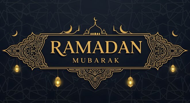 Elegant ramadan mubarak greeting islamic ornament with mosque crescent moon lantern gold frame on dark background for festive banner - Powered by Adobe