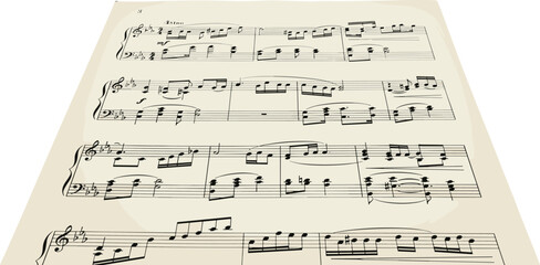 Naklejka premium Sheet music pages with musical notation displayed in a perspective view, ideal for presentations on music theory or performance