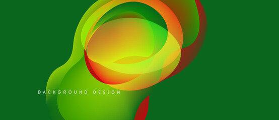 Abstract design features vibrant overlapping layers. Green background complements yellow, orange, red hues. Modern aesthetic.