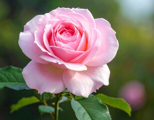 Close-up of a perfectly bloomed soft pink rose in full sunlight