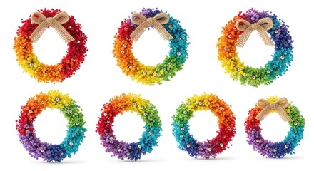 A colorful rainbow wreath with a burlap bow on a white background.