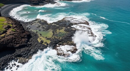 Dramatic aerial view of a powerful ocean wave crashing against a rugged volcanic coastline, creating a massive spray over black lava rock and turquoise water