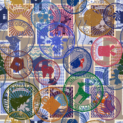Retro postal stamp seamless pattern Christmas old postage stamps