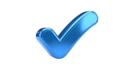 A glossy blue checkmark symbol with metallic reflections on a transparent background tick