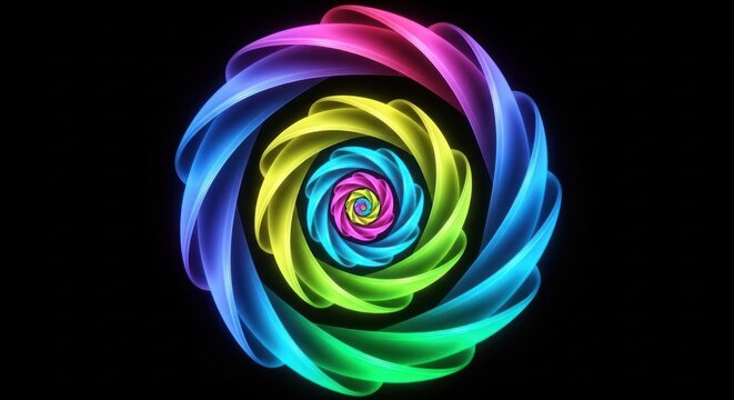 A vibrant, colorful, abstract swirl design with a black background.
