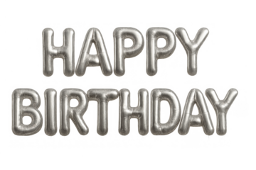 Happy birthday silver balloon letters celebrating a special event, floating inflatable typography with transparent background