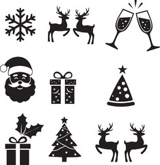 Christmas Icons Snowflake Reindeer Santa Gift Tree Champagne Glasses