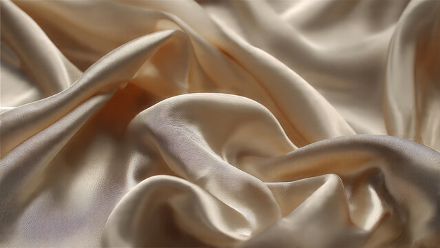 Close-up of elegant draped creamy beige satin fabric with soft folds and lustrous sheen, creating a luxurious texture and sophisticated background.
