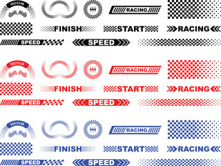 Race car stripes set, arrow and race line decals for speed. angled checkered patterns, auto, motorcycle, bike vinyl stickers. Racing start and finish flag, dynamic lines, motorsport decals, tuning
