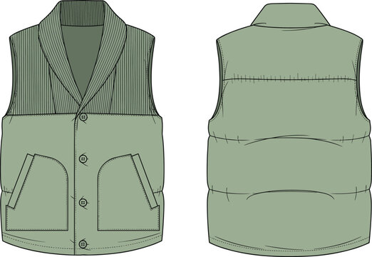 Green quilted puffer vest vector illustration, technical flat sketch, front and back view, shawl collar gilet, fashion design template, winter outerwear mockup.