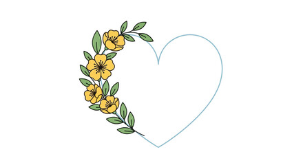 Heart frame adorned with delicate yellow blossoms and verdant foliage for romantic projects