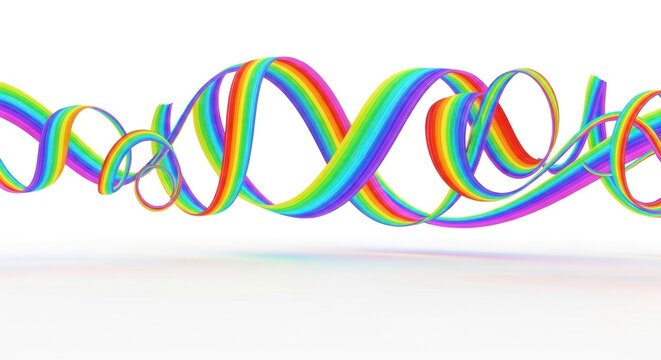 A rainbow-colored DNA strand against a white background.