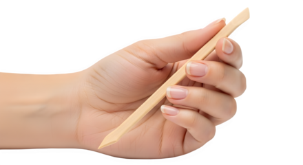 Female hand holding wooden orangewood stick used for manicure and essential nail care application. isolated PNG with Transparent Background