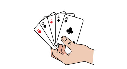 Close-up illustration of a hand holding playing cards highlighting chance games and strategic