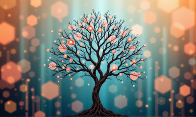 Abstract tree with digital nodes orange and pink glowing elements high fidelity vibrant background hexagonal bokeh fantasy style modern art uplifting mood
