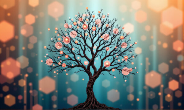Abstract tree with digital nodes orange and pink glowing elements high fidelity vibrant background hexagonal bokeh fantasy style modern art uplifting mood