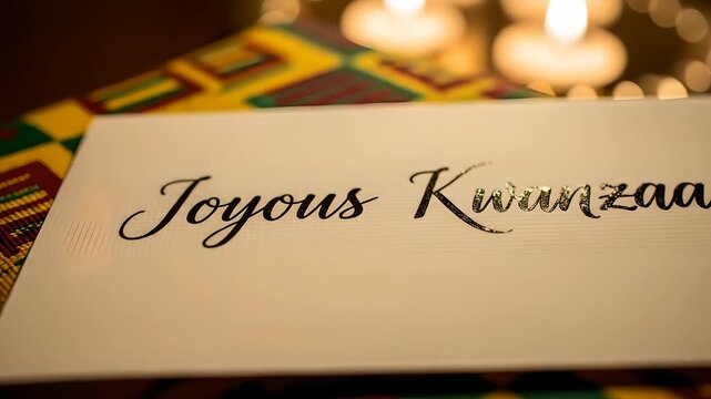 Joyous Kwanzaa greeting card rests on traditional African Kente cloth with glowing candles, festive celebration, cultural heritage, unity, family traditions, holiday wishes,
