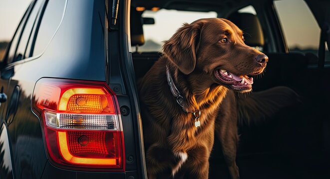 Beautiful brown dog with a collar sitting patiently in the open boot of a dark vehicle, looking out expectantly during a scenic golden hour road trip - Powered by Adobe