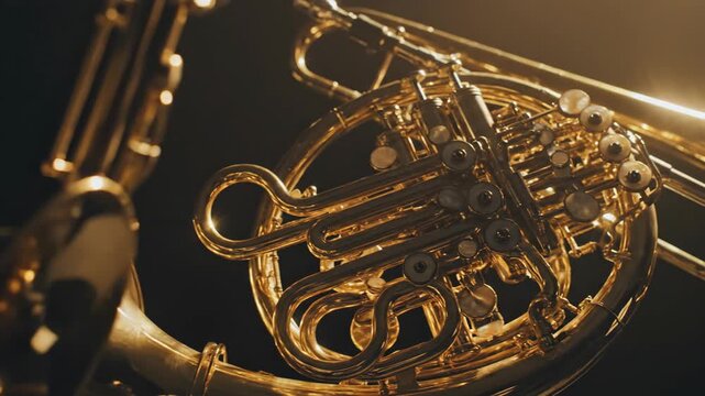 A polished brass french horn instrument gleaming under a spotlight showcasing its intricate valves and golden sheen in a close-up studio shot