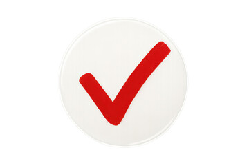 Red check mark icon on white circle representing approval, verification, success, and agreement with transparent background