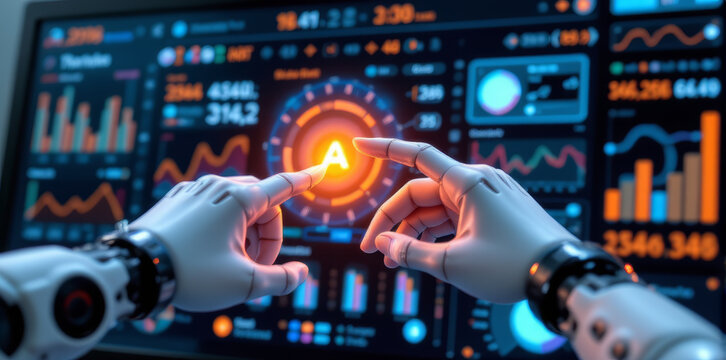 Futuristic robotic hand interacts with digital dashboard, displaying high tech data visualization, glowing interface, and advanced analytics in modern control room environment