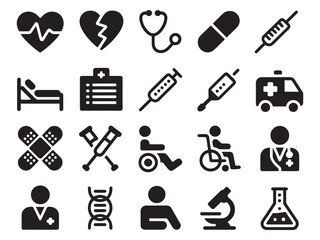Collection of medical healthcare icons for digital and print use featuring life saving equipment and symbols
