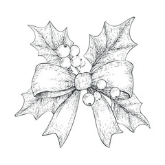 Festive holly decoration with ribbon for winter celebrations.Vector hand draw