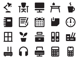 Collection of 20 minimalist office and technology glyph style icons for business and work