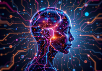 Futuristic digital art of human head profile with glowing circuit patterns, symbolizing artificial intelligence, technology, and innovation in vibrant, high tech environment