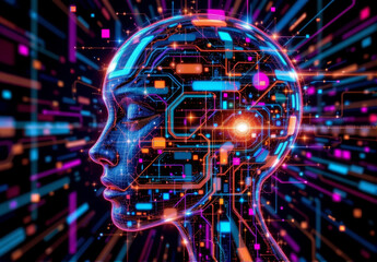 Futuristic digital art of human face with glowing circuit patterns, vibrant neon colors, and high tech elements, symbolizing artificial intelligence and advanced technology