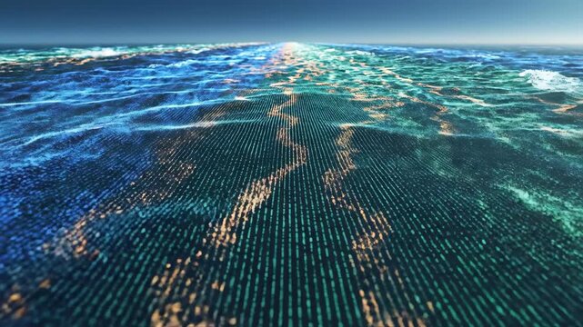 A vast digital ocean shimmers with incoming data representing an abstract futuristic network flow of information