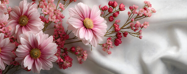 pink spring flowers on white background with space, elegant floral design for invitations, valentines, mother day.	