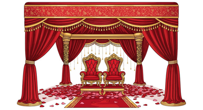 Ornate Red & Gold Indian Wedding Mandap. Shows romantic Indian wedding decoration. Can be used for event design, poster template, greeting cards, and creative invitations.