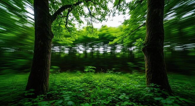 Dynamic and surreal landscape of an enchanted green forest with a creative motion blur effect giving a sense of vertigo and rapid movement through the woods