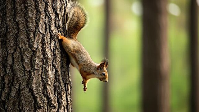 A curious squirrel climbing a tree in a tranquil forest setting.