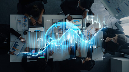 Modern office scene showcasing data visualization with financial charts and growth graphs. Team collaborates on strategy and analysis, highlighting success in business. Scalp