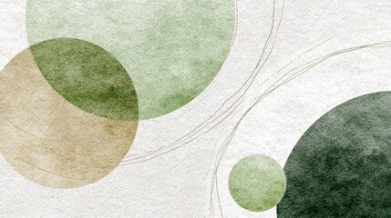 Abstract watercolor circles in various shades of green and beige overlap, creating a harmonious and textured geometric composition with delicate lines on a light background