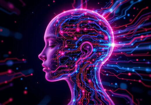 Futuristic human head profile with glowing neon circuit pattern, artificial intelligence, digital brain, and vibrant technology background, expressing innovation and intelligence