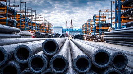 Large black plastic pipes organized in industrial outdoor storage yard, showcasing materials for construction, plumbing, manufacturing, and infrastructure projects under a cloudy sky