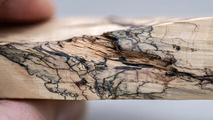 Naklejka premium Close-up of naturally spalted wood, showcasing intricate black fungal patterns on a light timber surface with a rough textured edge. Beautiful.
