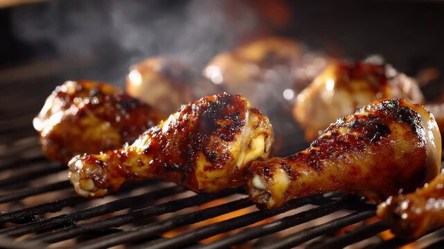 Delicious Chicken Drumsticks Glazed With Dark Sauce Grilling Over Open Flames With Smoke Rising In A Close Up Shot