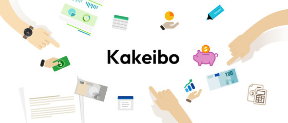 Kakeibo Japanese budgeting method concept hands interacting with financial icons mindful saving personal finance management and tracking expenses