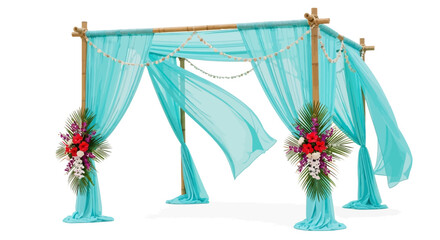 Turquoise fabric drapes bamboo structure, styled for Indian wedding. Features floral accents, shell garlands. Use for event backdrop, product display, social media.