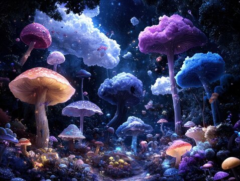 A surreal and vibrant forest scene filled with oversized, glowing mushrooms in various colors like purple, blue, and orange. The background features a dark, sta